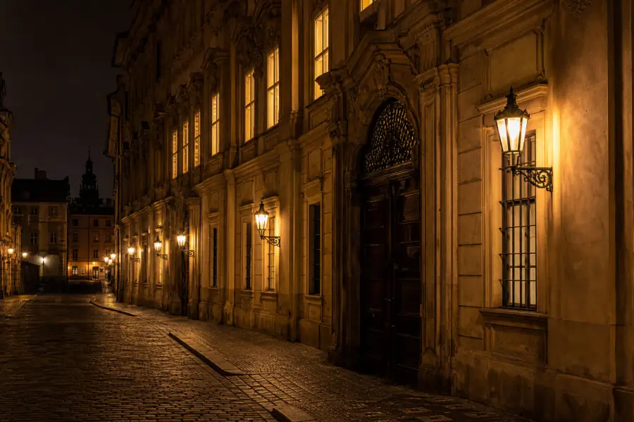 Noční průčelí paláce Velvet Lounge Prague v Praze