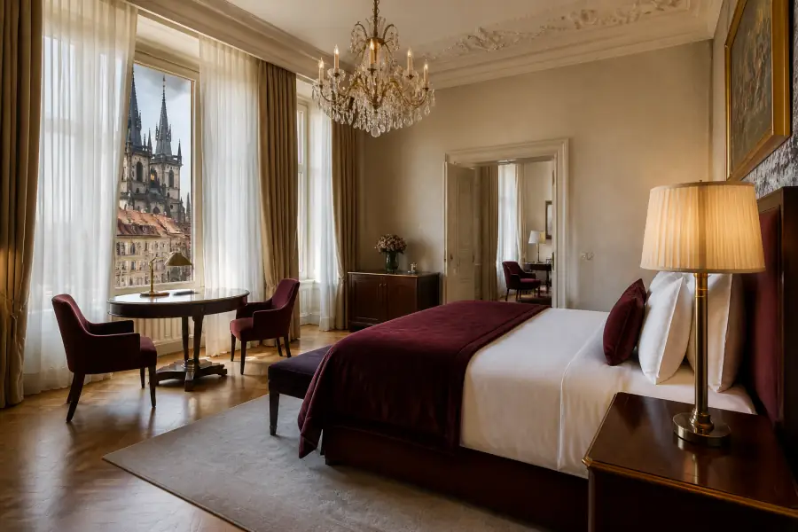 Hotelový pokoj Velvet Lounge Prague s sametovým přehozem